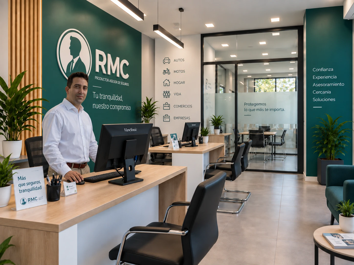 Rodrigo te recibe detrás de su escritorio en RMC Seguros